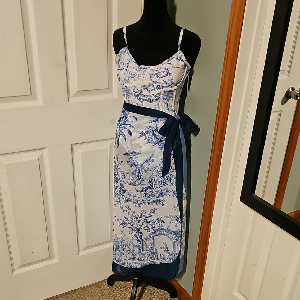 Chic Blue and White Printed One-Piece Swimsuit And Wrap Around Maxi Skirt
